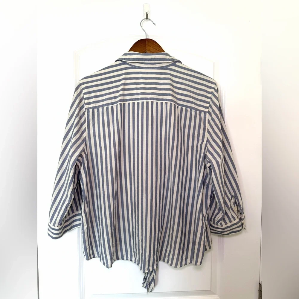 Chico's Nautical Blue Striped Poplin Tie Front Button Down Shirt Tunic Sz 3 - Picture 4 of 9